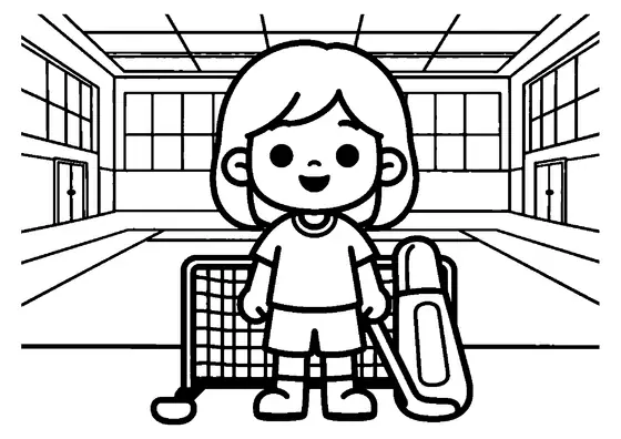 A cheerful female floorball player standing beside a portable net and a stick bag.