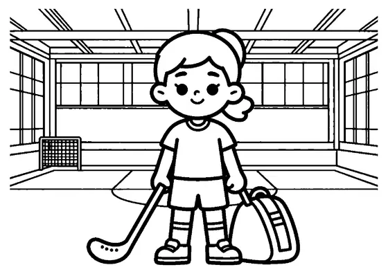 Una ragazza sorridente in un palazzetto dello sport con una mazza da floorball e una borsa.