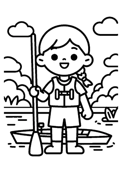 A young female rower standing on a dock next to a large life jacket rack holding an oar.
