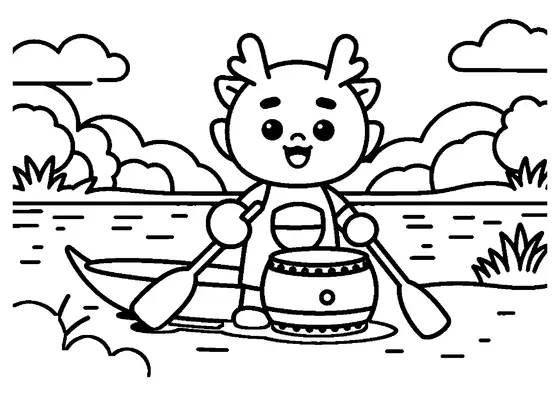 A smiling dragon boat paddler standing on the shore beside a large drum and paddle.