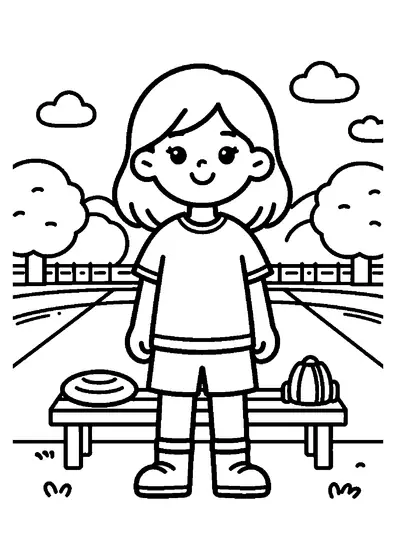 A smiling girl ultimate frisbee player standing next to a wide bench filled with flying discs.