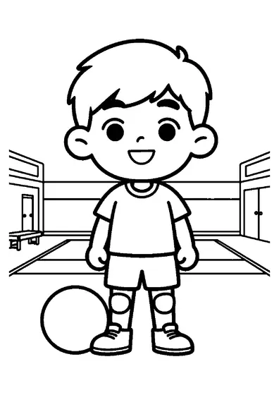 Smiling dodgeball player standing next to a soft ball and gym mat in a hall.