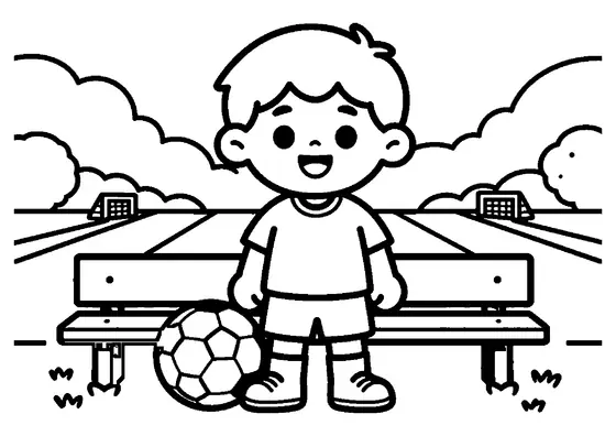Ein fröhlicher Fußball-Ersatzspieler steht mit einem Ball und einer Sporttasche neben der Bank am Spielfeld.