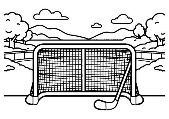 A large hockey goal standing under a shelter next to a hockey stick and puck on an ice rink.