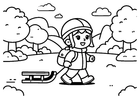 A smiling boy calmly pulls a wooden sled across flat snow.
