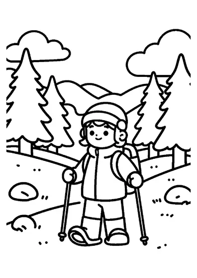 Un bambino sorridente con le ciaspole in piedi su un ampio sentiero innevato nel bosco.