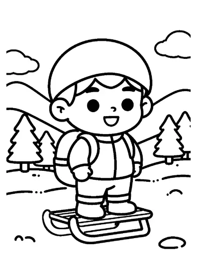 A smiling boy wearing a helmet standing by his sled on a gentle snowy hill.