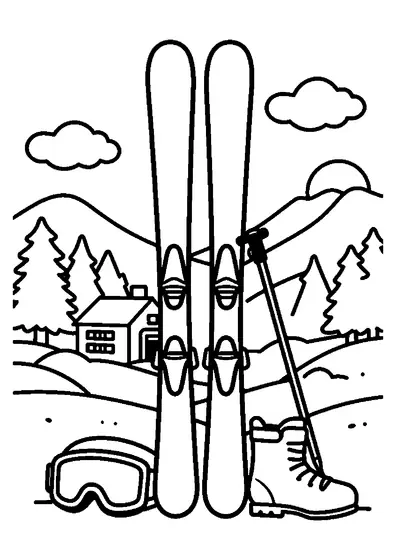 Große Ski stehen neben einer Skibrille und Skischuhen vor einer Berghütte und Tannen.