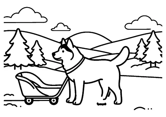 Un husky se tient calmement près d’un traîneau léger, sur une large route enneigée.