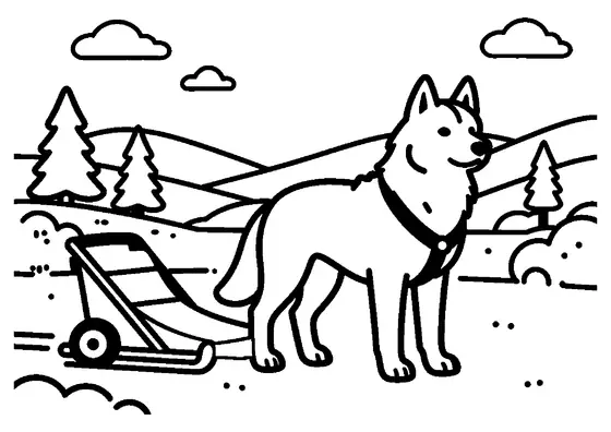 Un husky se tient près d’un grand traîneau et d’un harnais, sur une piste tranquille dans une forêt enneigée.