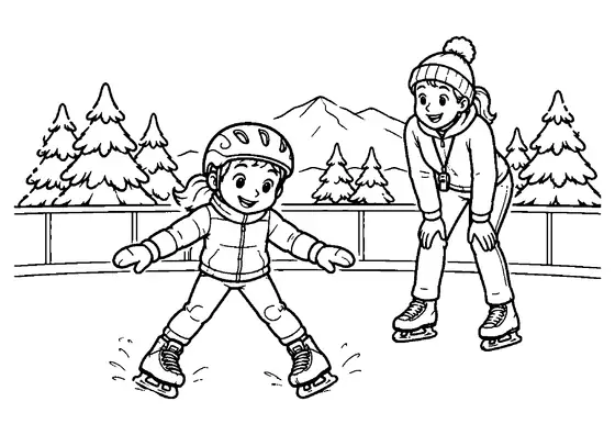 Helmeted child skater practicing a snowplow stop on an outdoor rink while an instructor watches nearby.