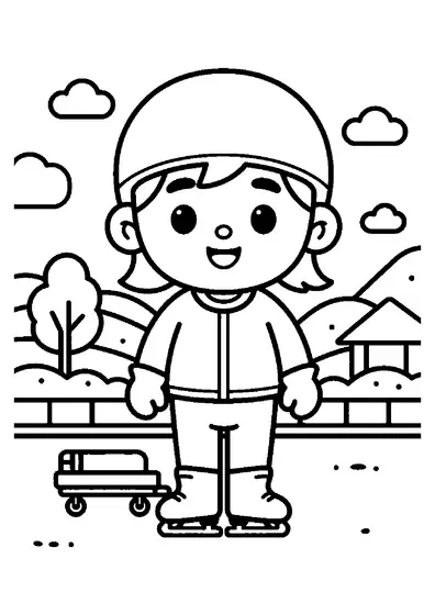 Un bambino con i pattini da ghiaccio in piedi vicino alla balaustra di una pista all'aperto.