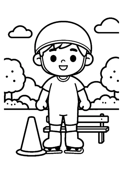 A boy in a helmet wearing ice skates next to a safety cone and bench on a park ice rink.