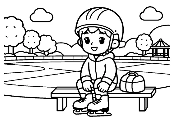 A young boy sitting on a bench tying his ice skates beside a peaceful outdoor rink.
