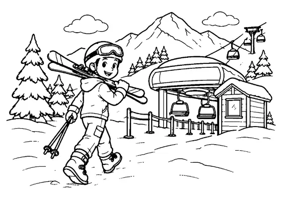 Young skier carrying skis over one shoulder and ski poles in one hand while walking toward a chairlift station.