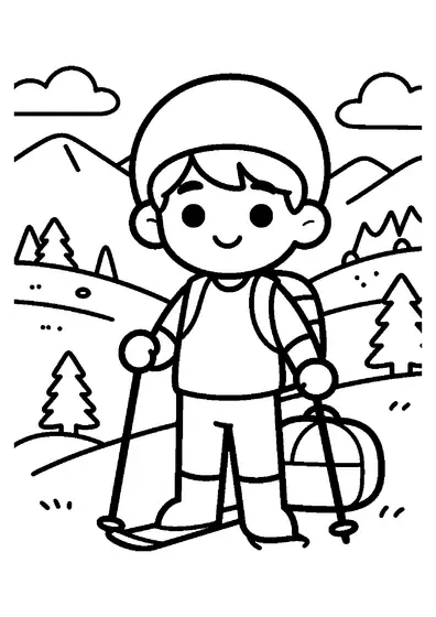 A smiling boy in a helmet wearing skis next to his backpack and poles in a snowy clearing.