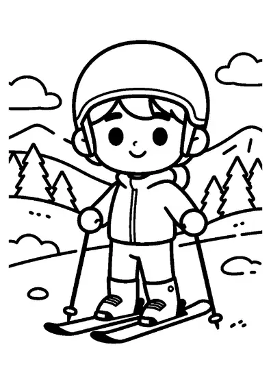 A smiling boy in a helmet standing with skis and poles on a gentle slope surrounded by pine trees.