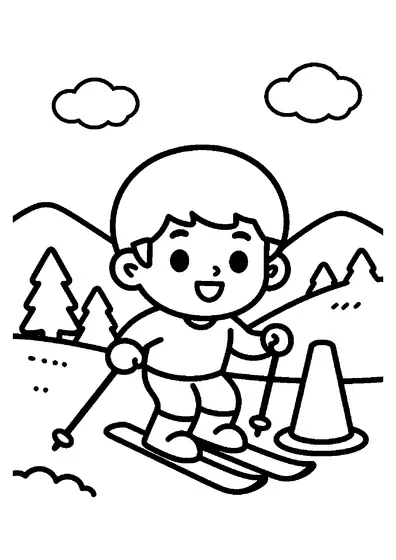 A smiling boy wearing a helmet skiing peacefully down a wide forest slope.