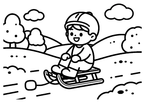 A smiling boy sitting on a sled gliding past a small snowy hill.