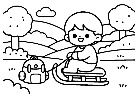 A smiling boy sitting comfortably on a sled with a helmet and rope near a winter forest.
