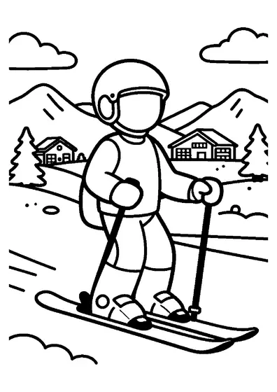 A sit-ski displayed with a helmet and poles in front of a spacious mountain lodge.