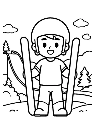 A young ski jumper standing with long skis and a helmet at the foot of a small ski jump.