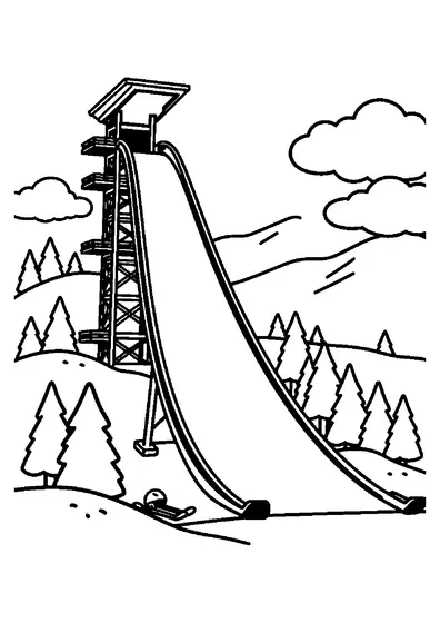 Un grand tremplin de saut à ski domine une pente douce et une forêt enneigée.