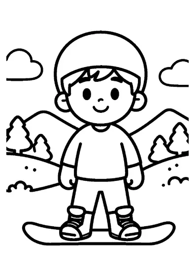 A boy in a helmet standing next to his snowboard on a broad hill surrounded by pine trees and mountains.