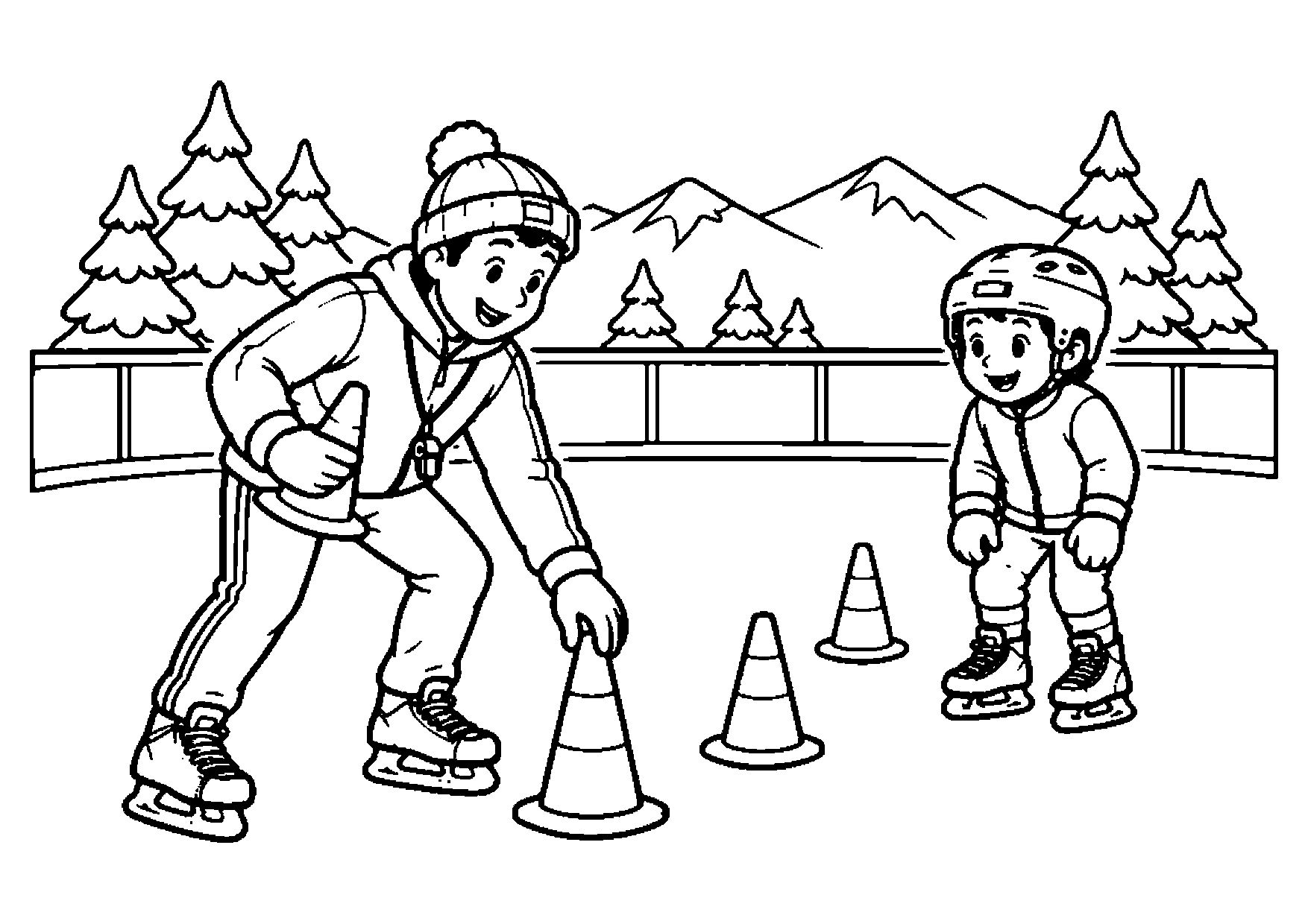 Coach on skates placing training cones on an outdoor rink while a helmeted child watches nearby.