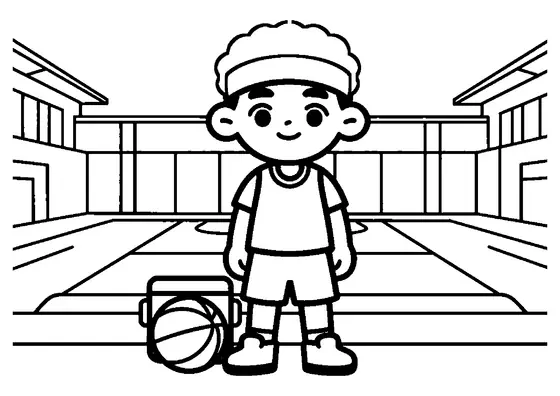 Ein lächelnder Basketballkapitän steht mit einem Ball neben einer großen Kühlbox am Rand des Spielfelds.