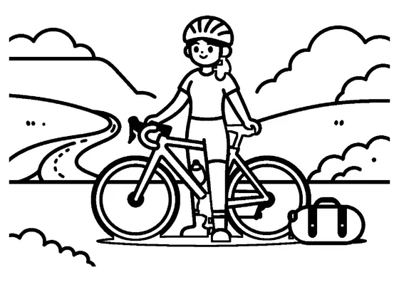 A smiling girl cyclist standing with her bicycle near a wide portable repair stand at the track.
