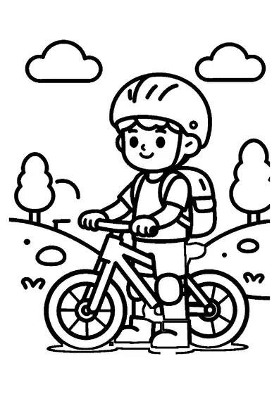 Um jovem ciclista de montanha está em pé junto da sua bicicleta e de uma mochila grande ao lado de um trilho de terra de estádio.