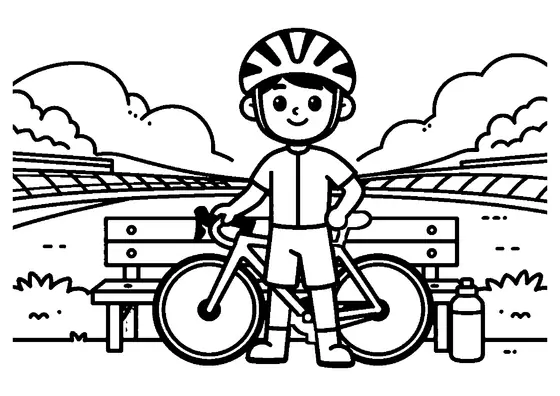 A smiling young cyclist standing with his bicycle next to a large bench and water bottle by the track.