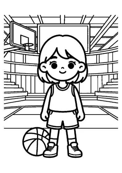 Una joven jugadora de baloncesto con un balón junto a un obstáculo acolchado.