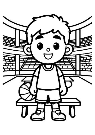 A boy with a basketball standing by a bench near a large support pillar in a sports hall.