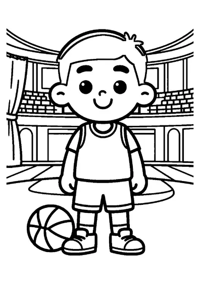 A young basketball player standing next to his ball and sports bag near the arena curtain.