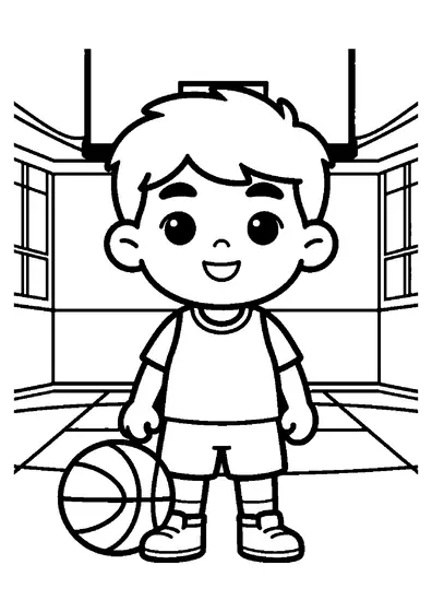 A boy standing next to a basketball and exercise mat in front of a gym practice wall.