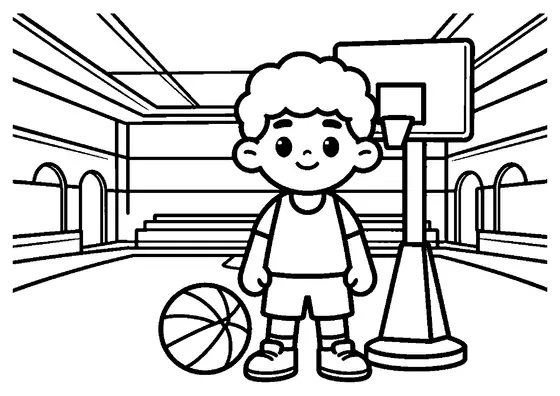 A young basketball player holding a basketball next to a large adjustable hoop lift on the court.