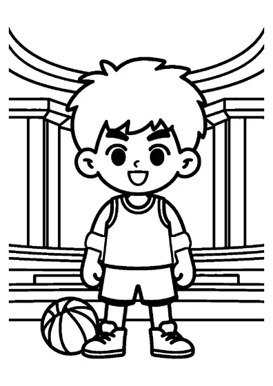 Um jovem basquetebolista está de pé com uma bola ao lado de um grande baú cheio de equipamento de proteção.