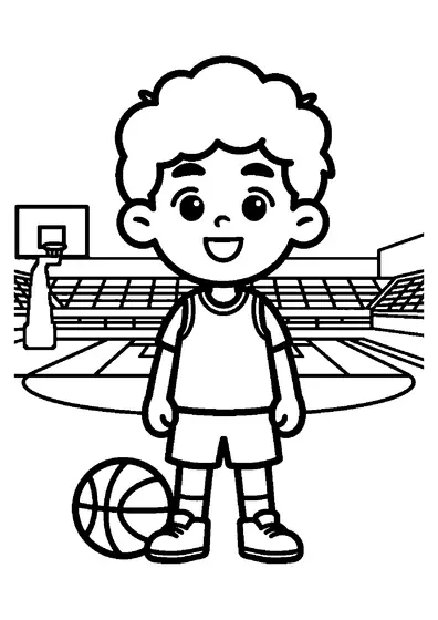 A smiling basketball player with a ball and gym bag standing on the court in front of a blank scoreboard.