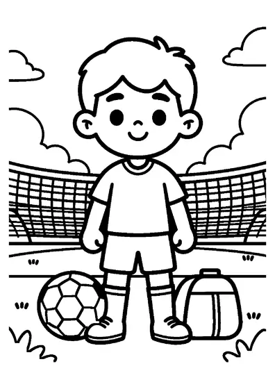 A young soccer striker standing with a ball and bag in front of a training net on the field.