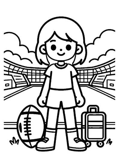 A young girl soccer player with a ball standing in front of a wide gate leading to the stadium backfield.