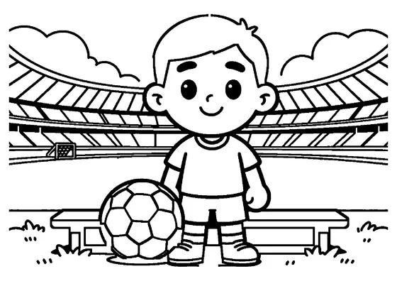A young soccer player with a ball standing by a bench under a stadium grandstand roof.