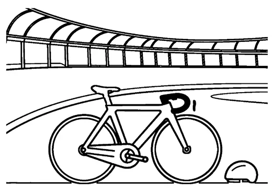 En aerodynamisk bana-cykel står vid en stor träningsrulle på en velodrom.