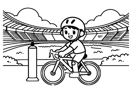 Ein junger Radfahrer wartet mit seinem Fahrrad an der Startlinie im Stadion.