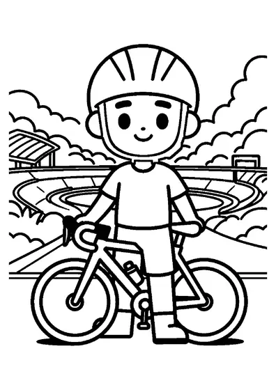 A young cyclist standing next to his bicycle and air pump against a stadium track background.