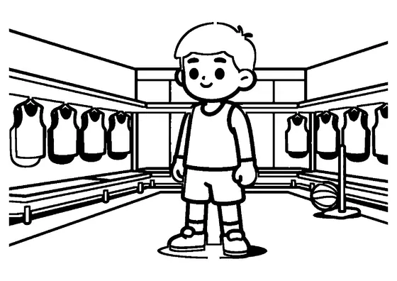 Um jogador de basquete sorridente está com uma bola ao lado de um grande armário de roupa com uniformes de treino.