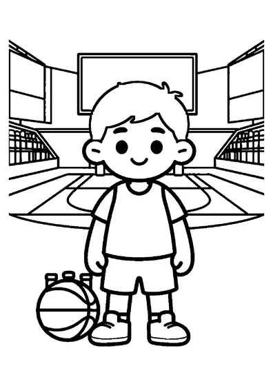 A boy holding a basketball standing next to a water bottle rack near the court entrance.