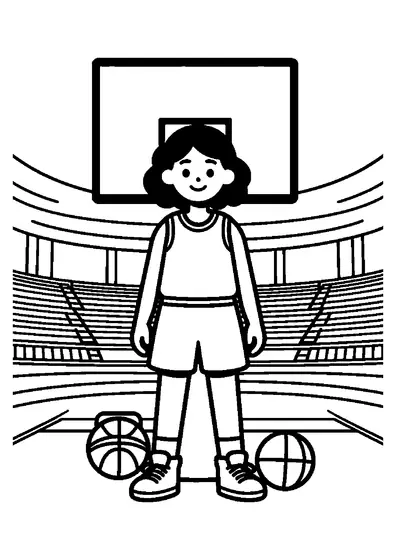 Uma jovem pivô está de pé ao lado de uma bola e de uma grande proteção na base do cesto num pavilhão.