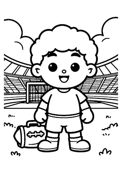 Ein kleiner Held steht neben einem großen Ball in der Mitte des Stadions.